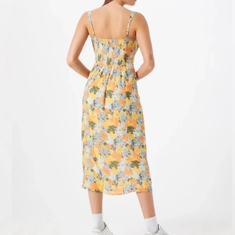 Abercrombie & Fitch Floral Gathered Front Midi Dress Women's Large Yellow - Picture 8 of 16